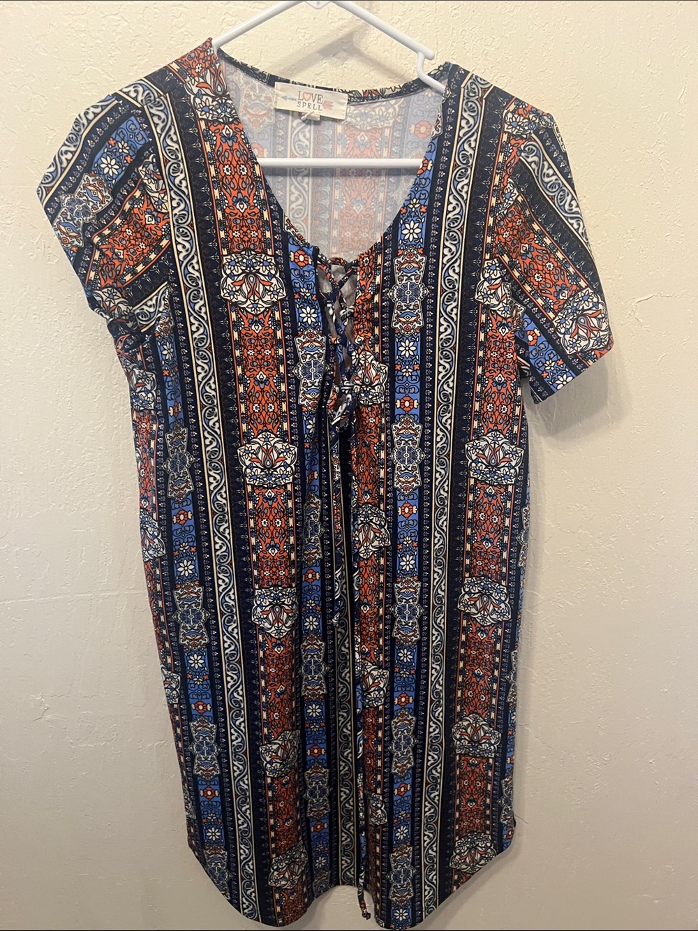 Navy & Rust Lace-Up Short Sleeve Tunic